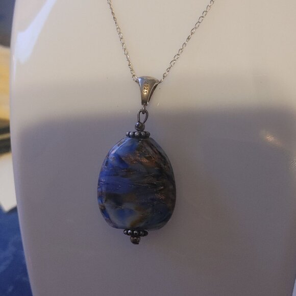 925 Handcrafted Murano Blue Gold Glass Pendant Necklace  Sterling Silver Chain - Picture 2 of 10